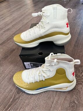 Under Armour White & Gold High-Top Basketball Shoes